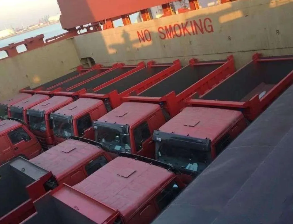 Rows of red HOWO dump trucks stowed in the vessel hold for the voyage to Douala