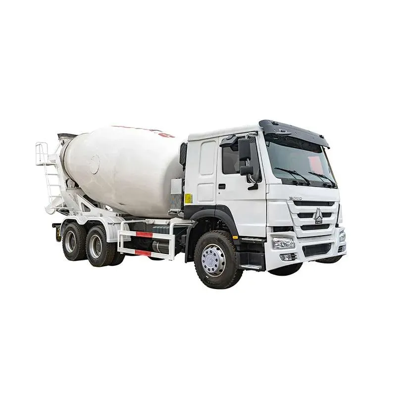 White HOWO concrete mixer truck with mixing drum, studio white background