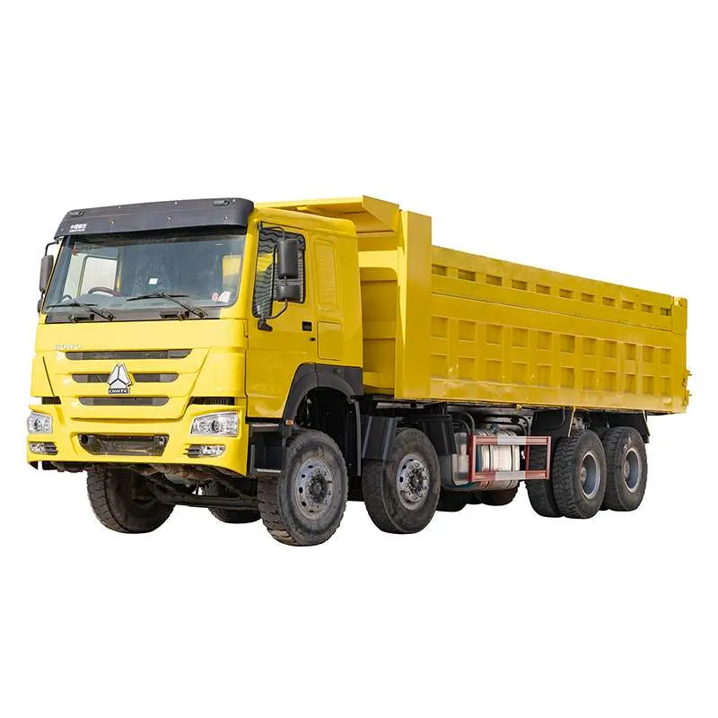 Yellow HOWO 8x4 dump truck, front three-quarter view, studio white background