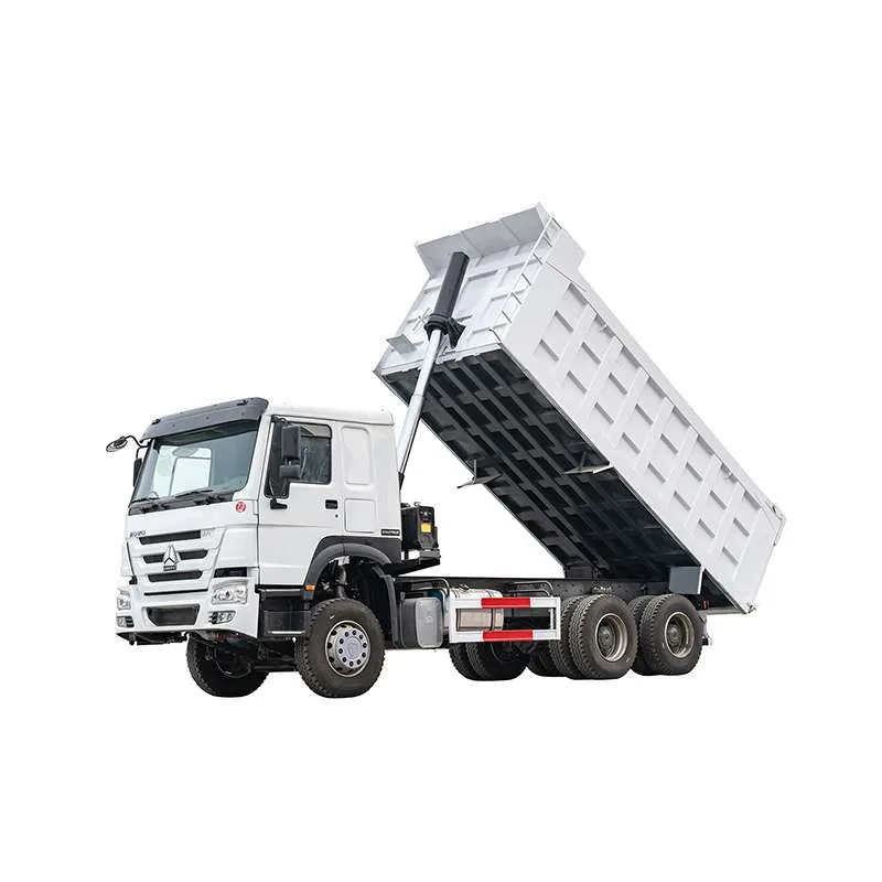White HOWO dump truck with tipping box raised for discharge, studio white background