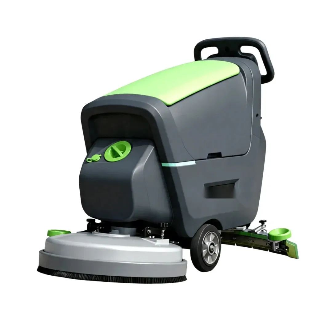 Walk-behind floor scrubber seen from the front, showing the round brush disc under the deck and the squeegee bar trailing behind