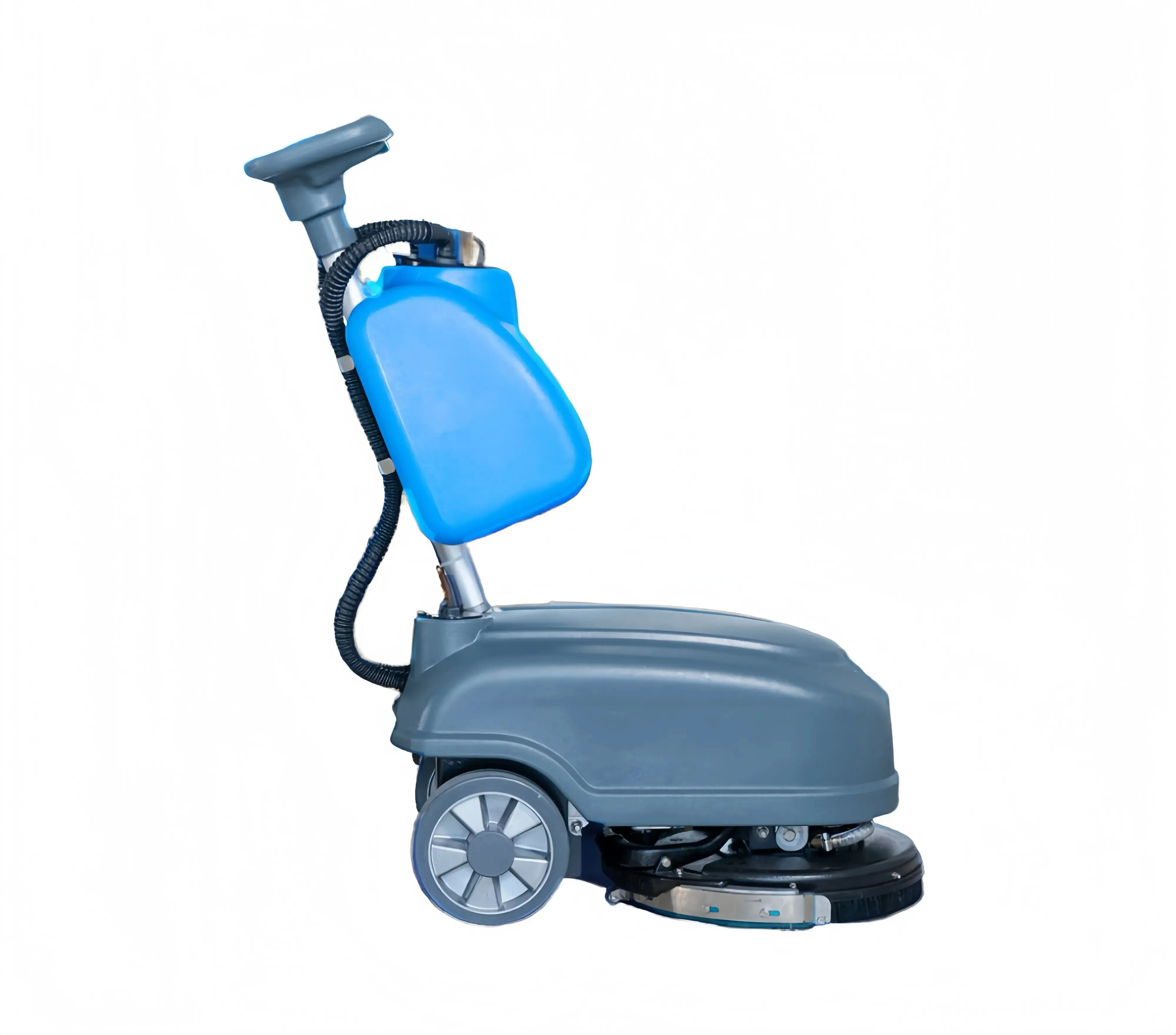Grey and blue walk-behind floor scrubber, side view on plain background showing solution tank and drive wheel