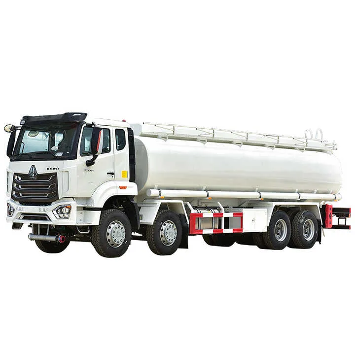 White 8x4 four-axle fuel tank truck with top walkway rails, studio white background