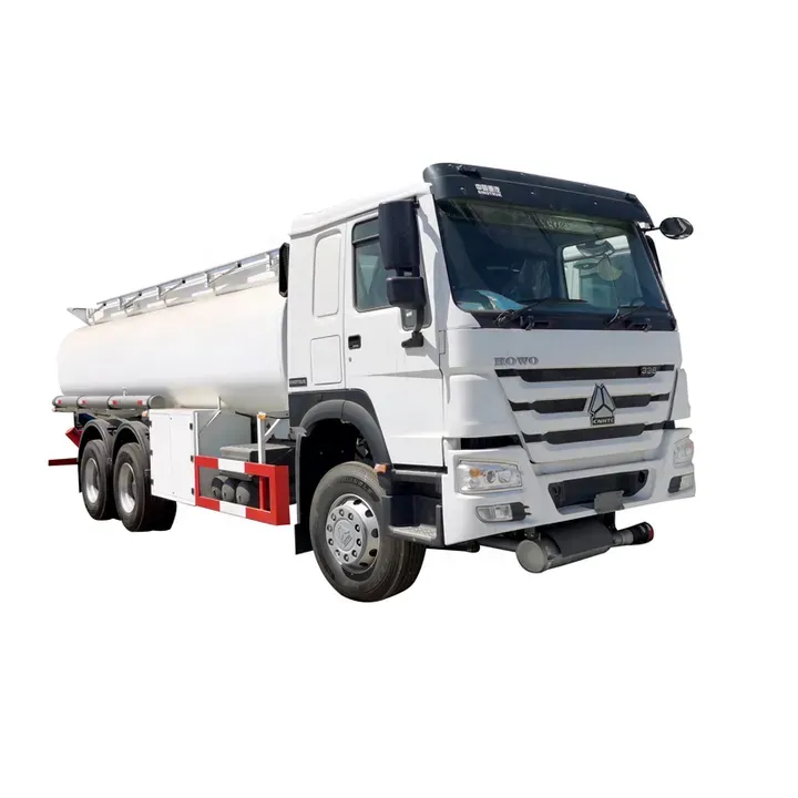 White HOWO 6x4 fuel tank truck, side three-quarter view, studio white background