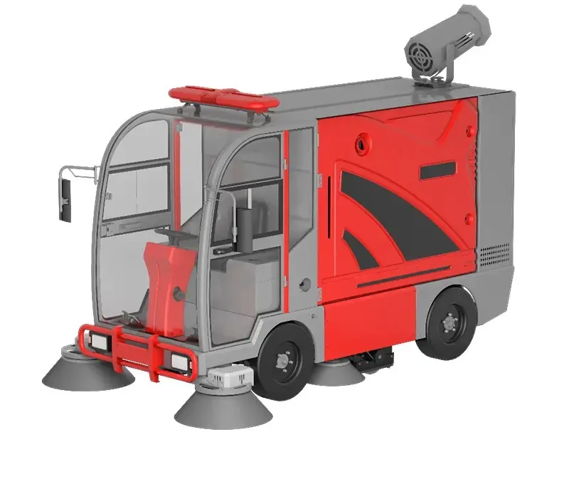 Compact ride-on mini road sweeper, front view with cab, light bar and dual sweeping discs