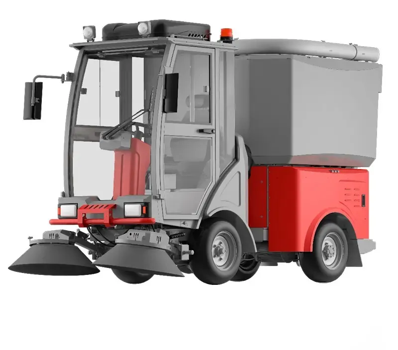 Compact mini road sweeper, rear three-quarter view showing the overhead dust extraction pipe and hopper body