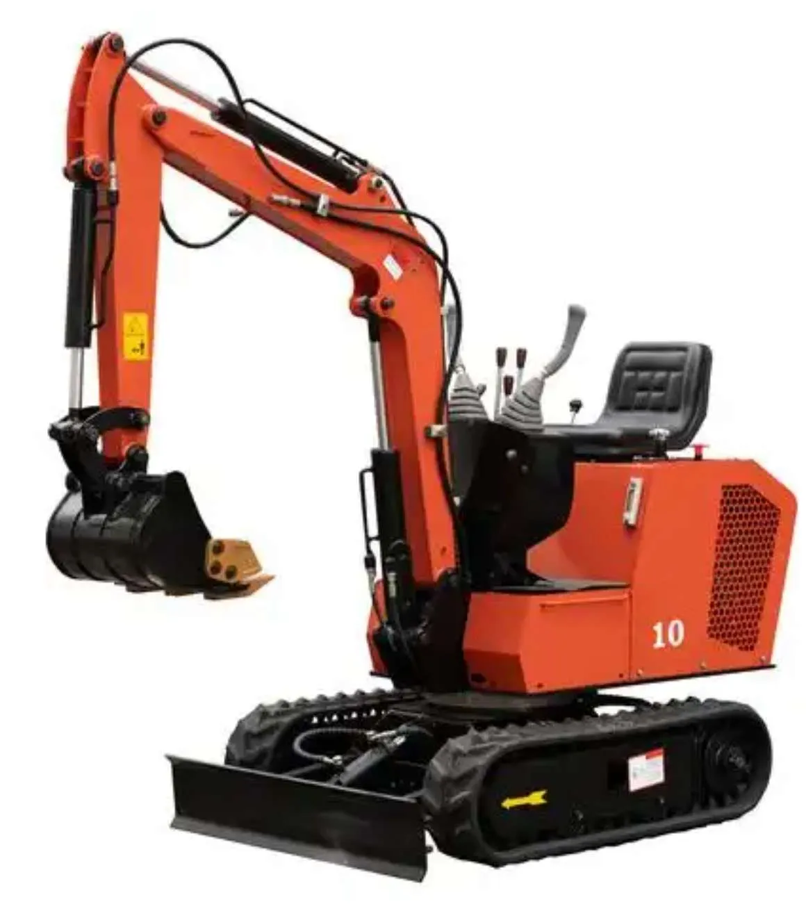 Orange tracked mini excavator with boom extended and dozer blade, studio white background