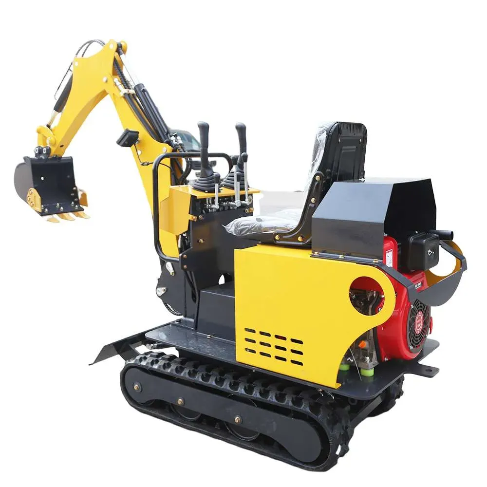 Yellow and black mini excavator with dozer blade and rubber tracks, studio white background