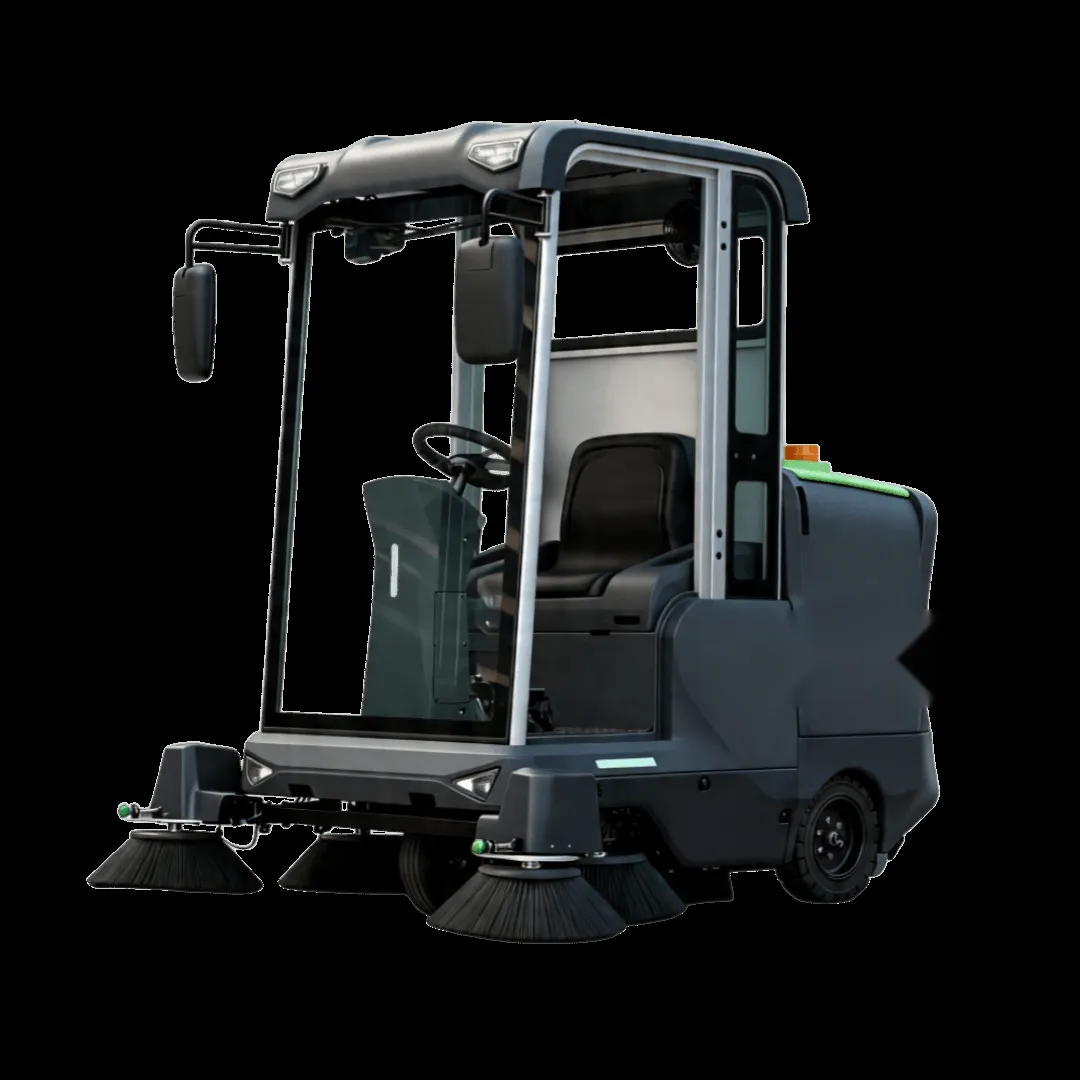 Ride-on industrial sweeper with an open-frame cab, three-quarter front view showing the two side brushes swung out ahead of the wheels