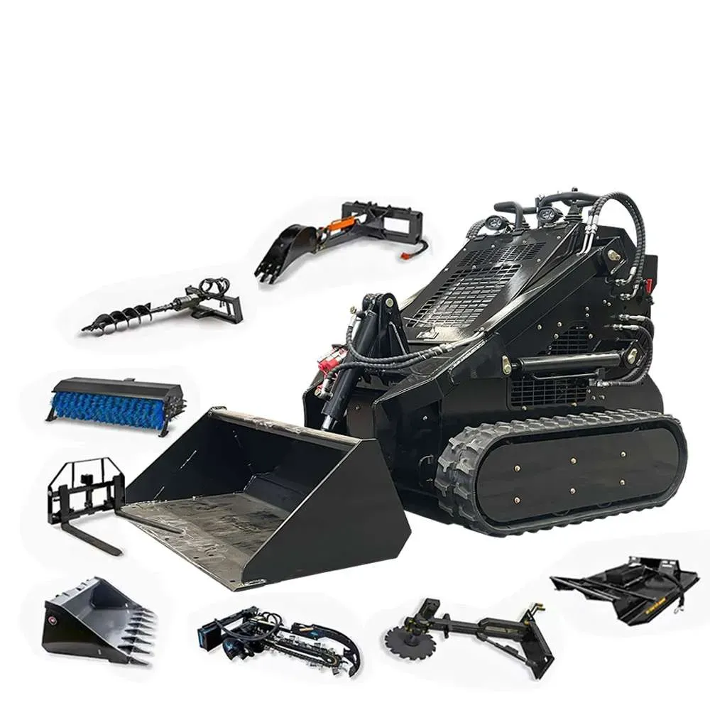Black mini skid steer loader surrounded by its attachment set, studio white background