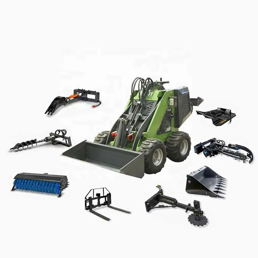 Green mini skid steer loader with bucket, auger, sweeper and fork attachments, studio white background