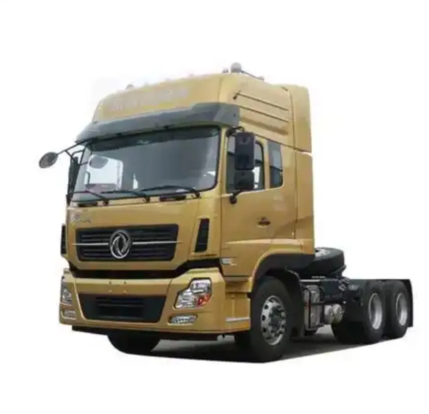Gold Dongfeng 6x4 tractor truck with high-roof sleeper cab, studio white background